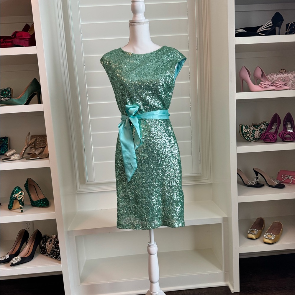 Mint Green Sequin Cocktail Dress with Satin Waist Tie – Size Medium